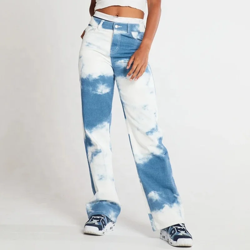 WJ195 fashion high waist women stretchy jeans tie dye denim jeans wide leg jeans for women