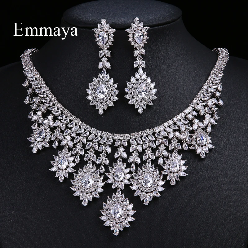 Emmaya Luxury Exaggerated Dubai Saudi Ethnic Flower Zircon Pave Silver Plated Jewelry Sets For Women Wedding Necklace Earrings