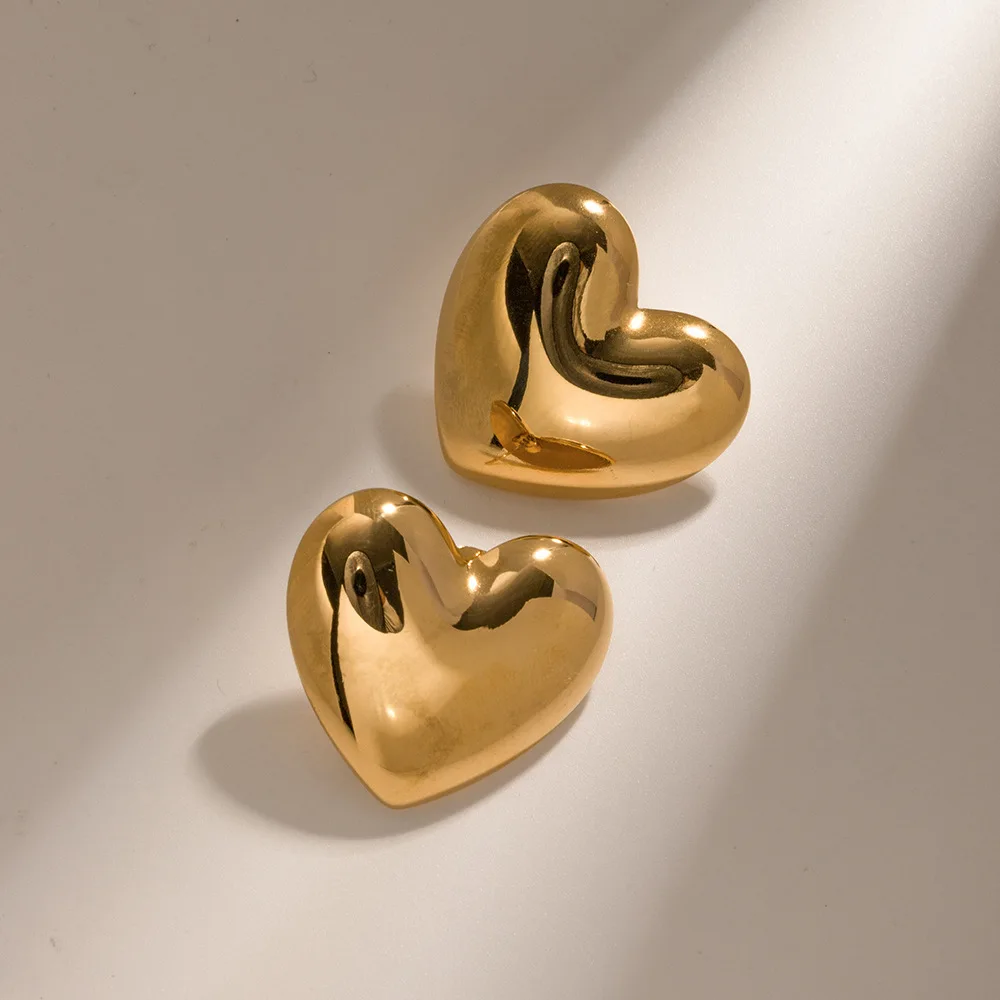 New Stainless Steel 18K Gold Plated Luxury Earring Women Big Huge Smoothly Heart Shape Earrings