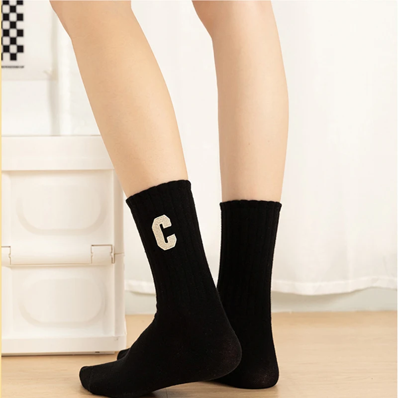 NO MOQ Customized Logo Letter Embroidery Big C Combed Cotton Socks Fashion Barrel Striped Socks Womens