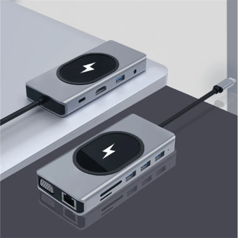 New Style  11 in 1 USB C hub RJ45 VGA docking station with wireless charger