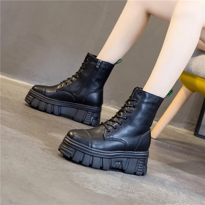  Ботинки женские из натуральной кожи модные мотоциклетные ботинки на платформе водонепроницаемые толстом каблуке черные