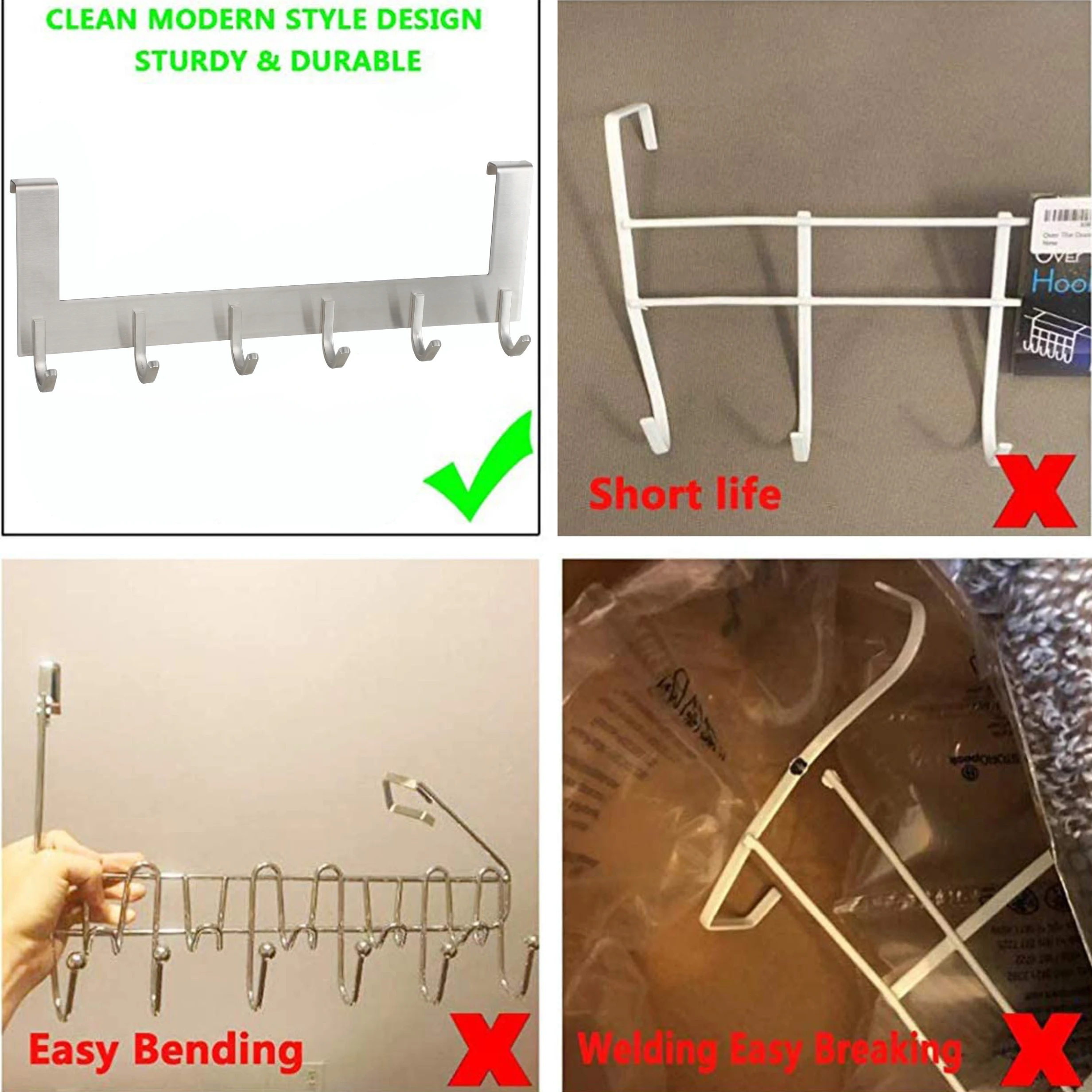 Heavy- duty Stainless steel 12 Hooks Cloth Hanging Towel Robe Hooks Over the Door Hooks Hanger