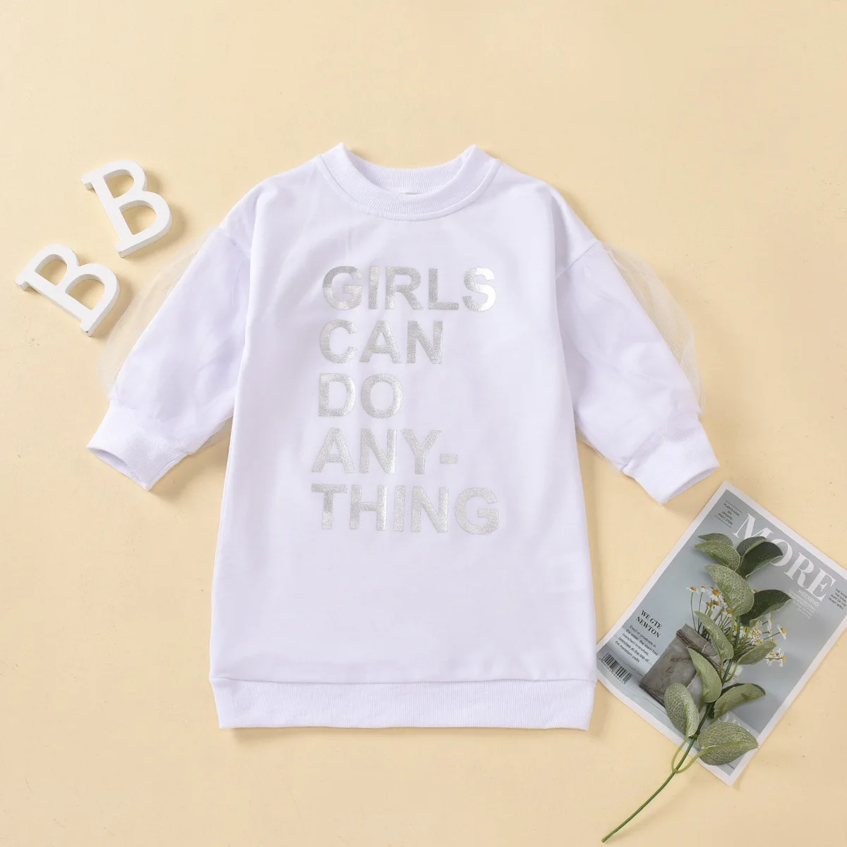 
Puff sleeve mid length girls pullover letter print white sweatshirt kids 