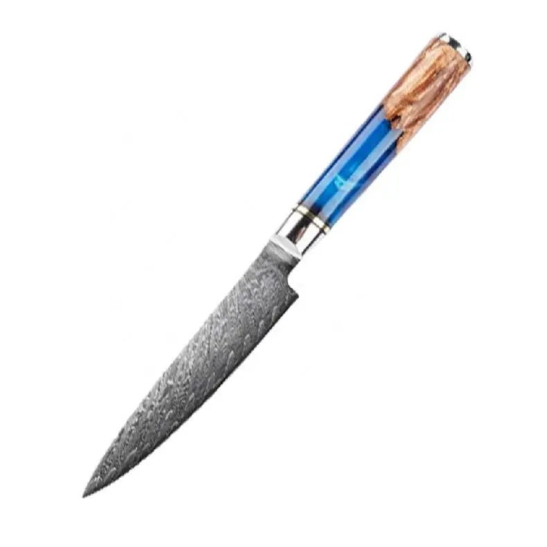 Premium kitchen knife blue resin and wooden handle 5inch utility Damascus kitchen knife