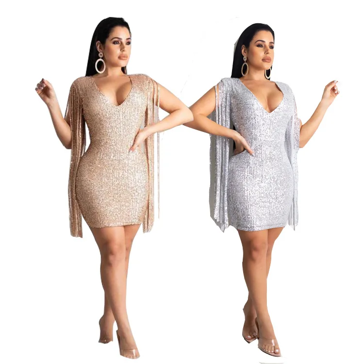 Осень 2021, Повседневное Платье макси с блестками, сексуальное платье с глубоким v-образным вырезом и кисточками, однотонное вечернее платье