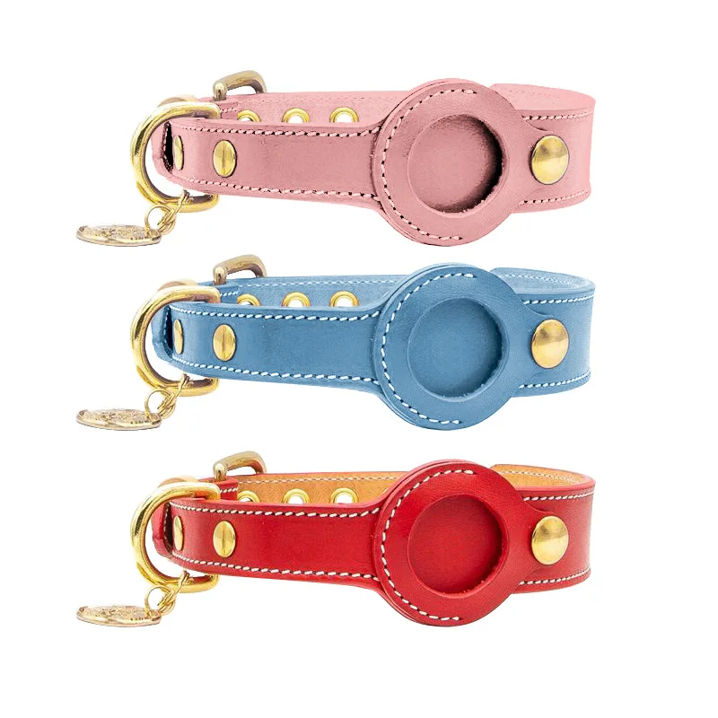 Small Size Personalized GPS Dog Collar with Solid Pattern Leather Cover Anti-Lost Airtag Holder Training Pet Collar