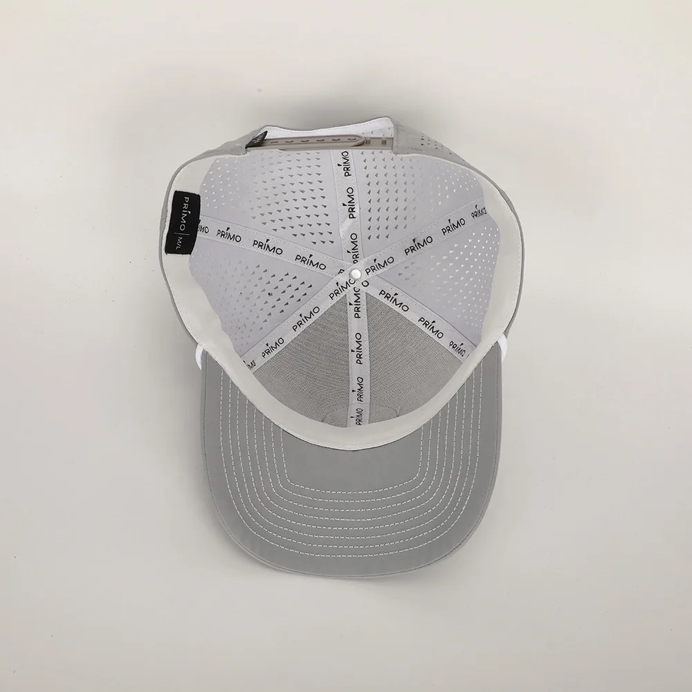Wholesale Custom PVC Logo 6 Panel Grey Polyester Performance Sport Dad Hat Laser Cut Hole Golf Gorras Rope Baseball Cap