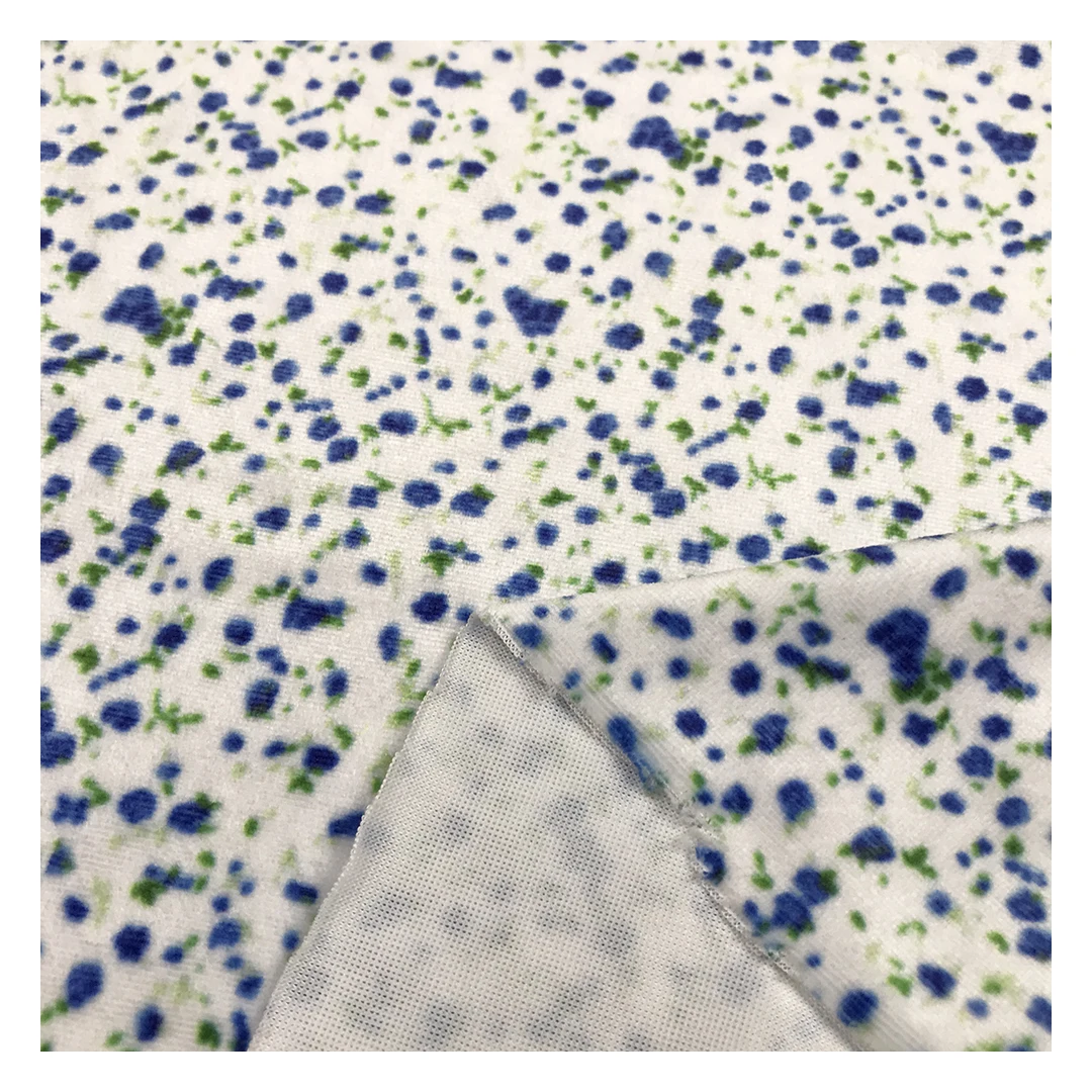 The factory outlet blue flower pattern 100% polyester two way stretch custom print velvet fabric for garment
