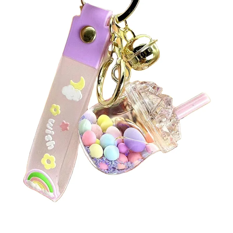 New Arrival Boba Keychain With Liquid Quicksand Bubble Tea Keychain Fruit Milk Tea Keychain