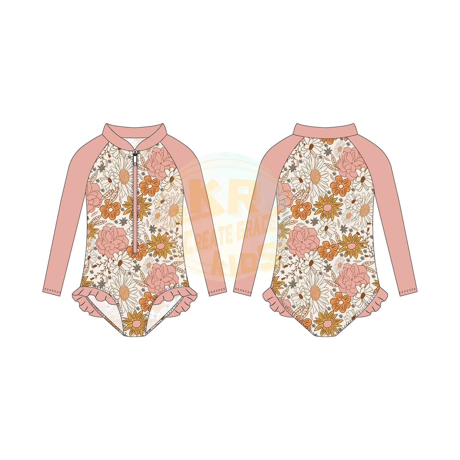 2023 Summer Boutique Toddler Clothing Custom Swimwear Jumpsuit Long Sleeve Zip Flower Floral Cute Baby Girls One Piece Swimsuit