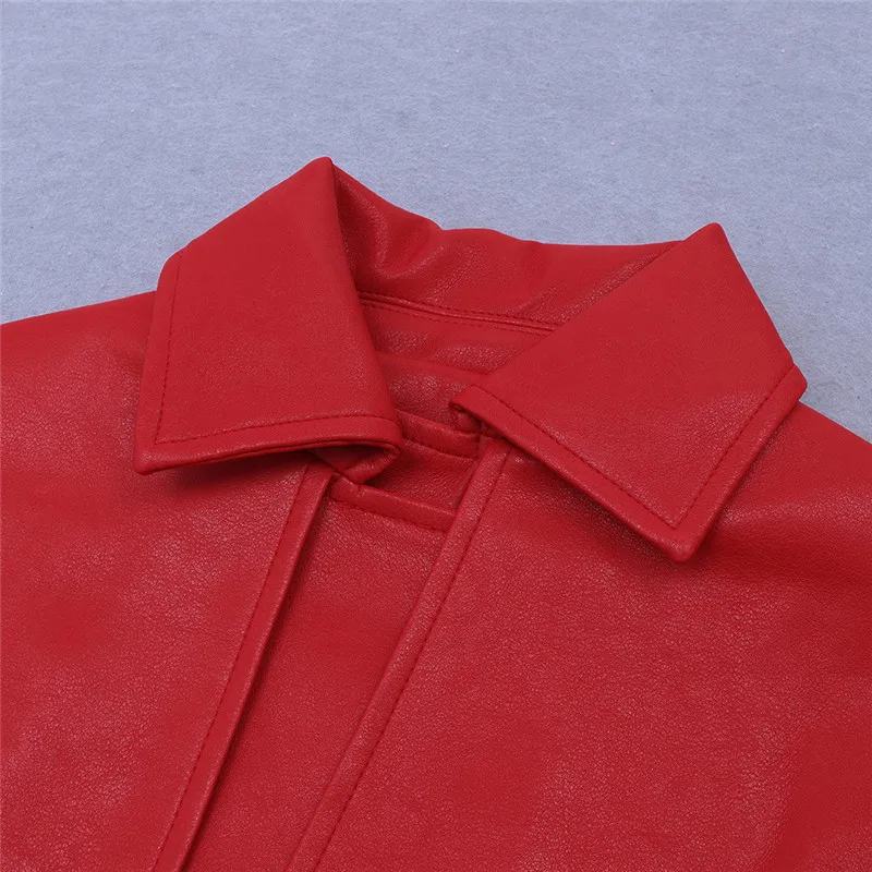 
A4268 Wholesale Red Long Sleeve Belted Winter Synthetic Leather Woman Jacket 