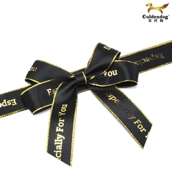 Custom LOGO Printing Pre-tied Gift with Elastic Band Gold Edge Satin Bow Ribbon