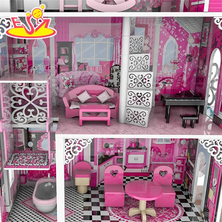 New hottest children pretend play wooden big doll house with slide W06A442