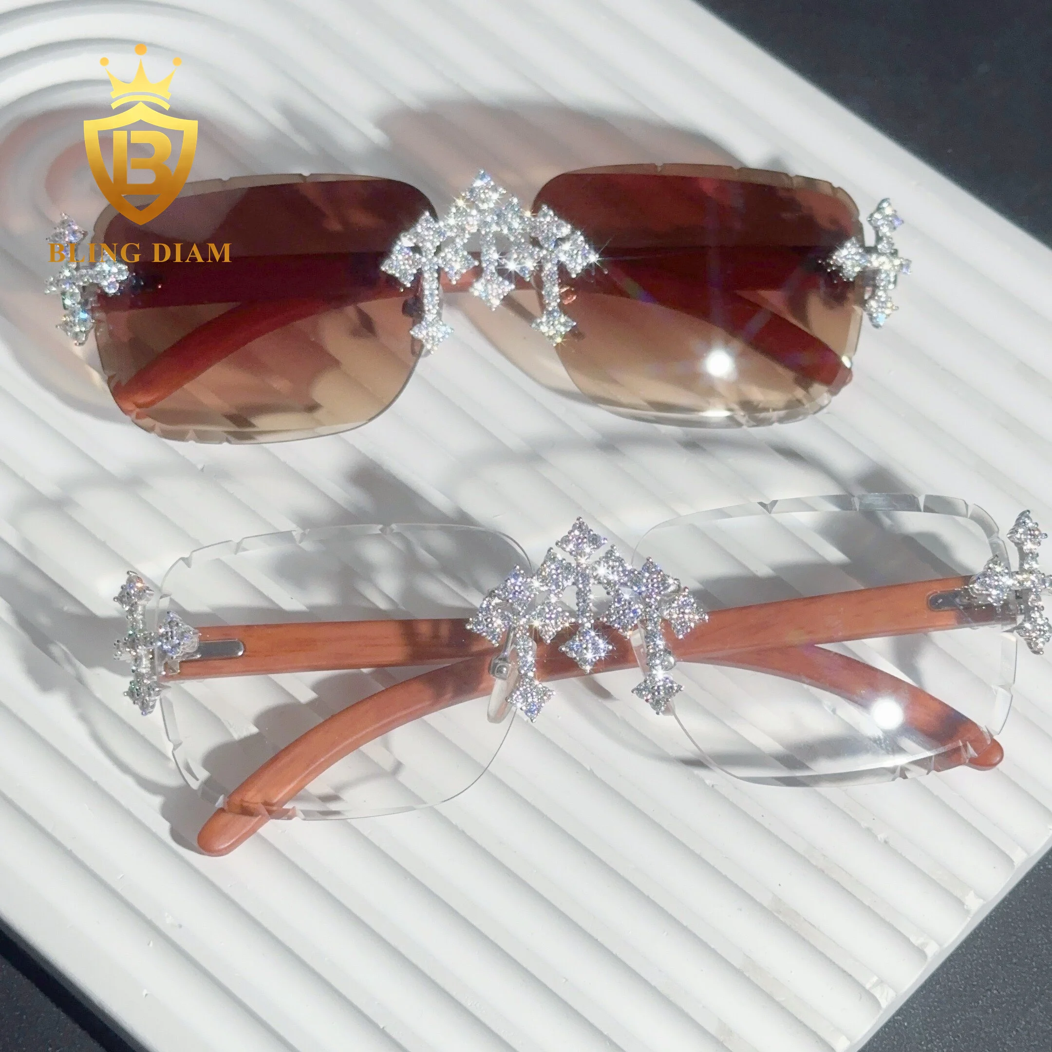 American hip hop moissanite Rimless sunglasses fashion street accessories ice out sunglasses 925 silver pass diamond tester