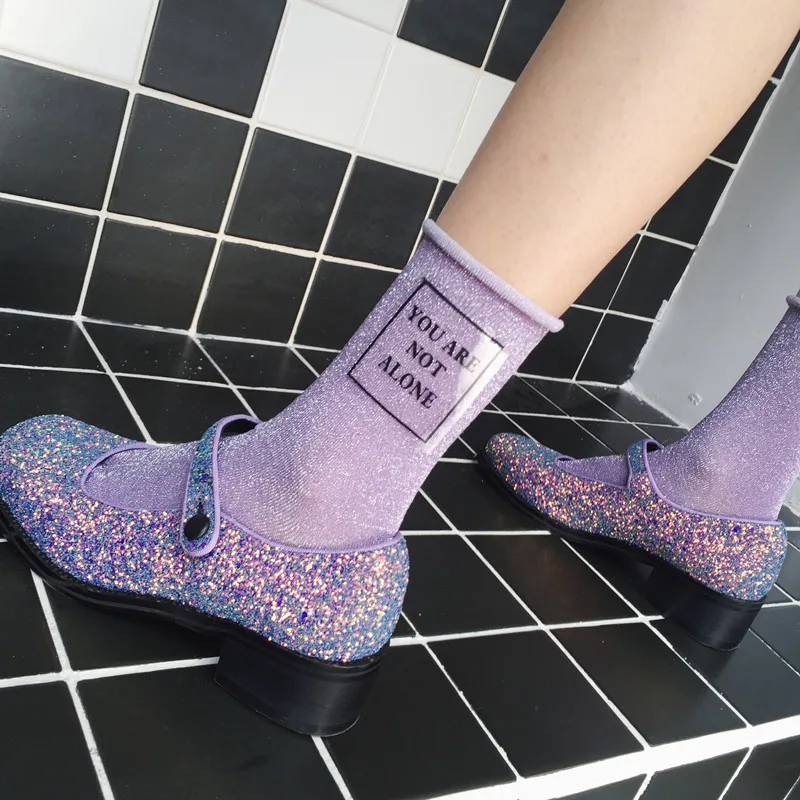 
Street fashion bowling socks with letters,female bright color silk glitter socks 