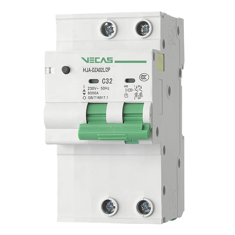 VECAS DZA20L Series RCCB RCD RCBO Circuit Breaker 50HZ 6KA 2 Pole 32A 63A 80A 230/400V 30ma 50ma Residual Current 2P 4P 240/415V