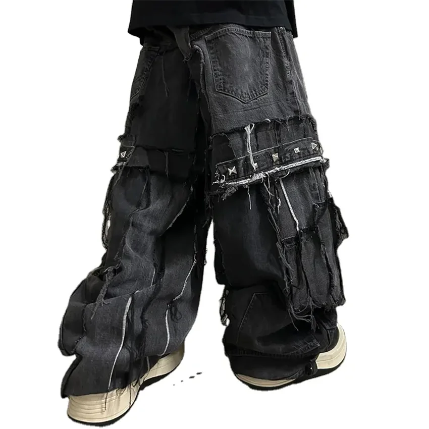 Custom Heavy Weight Metal Design Hip Hop Stacked Oversized Plus Size Jeans Distressed Black Jeans Pants For Men
