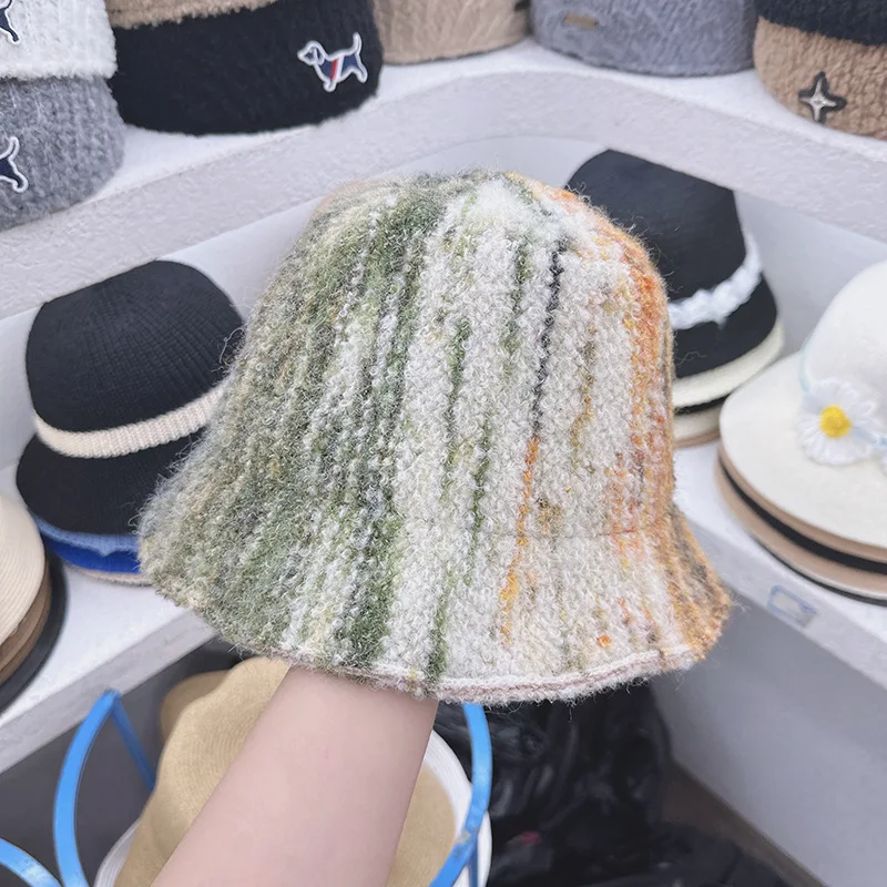 Fashion Mens Winter Wool Felt Knitted Stripe Bucket Hat Unisex Outdoor Windproof Fleece Hat