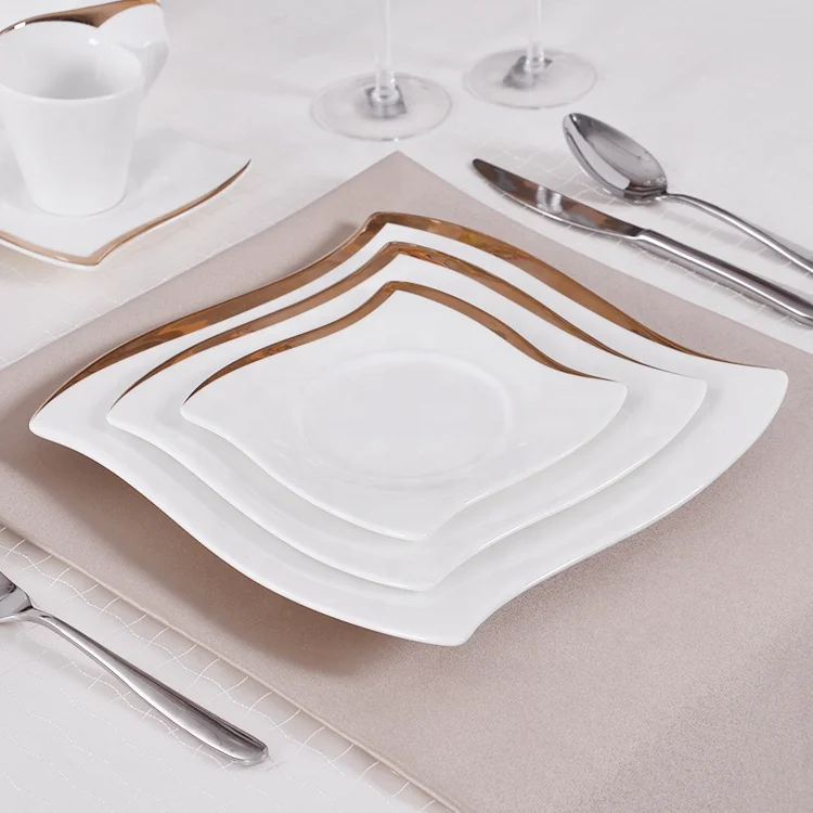 P&T Elegant Bone China Dinner Plate Ceramic ,Wholesale Event  Square Plates Golden Ceramic Dinner Plate Set for 5 stars hotel