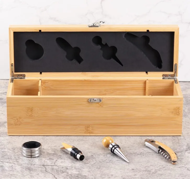 Wine Box with 4  Accessories Set Fathers Day Wine Gifts for Men Dad Gifts Bamboo Wine Case with Tools Set