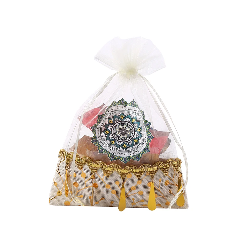 12  Pieces Packed Fast Moon Arabic Print Logo Festival Ramadan Gift Pouch Custom Gold Ramadan Drawstring Bag