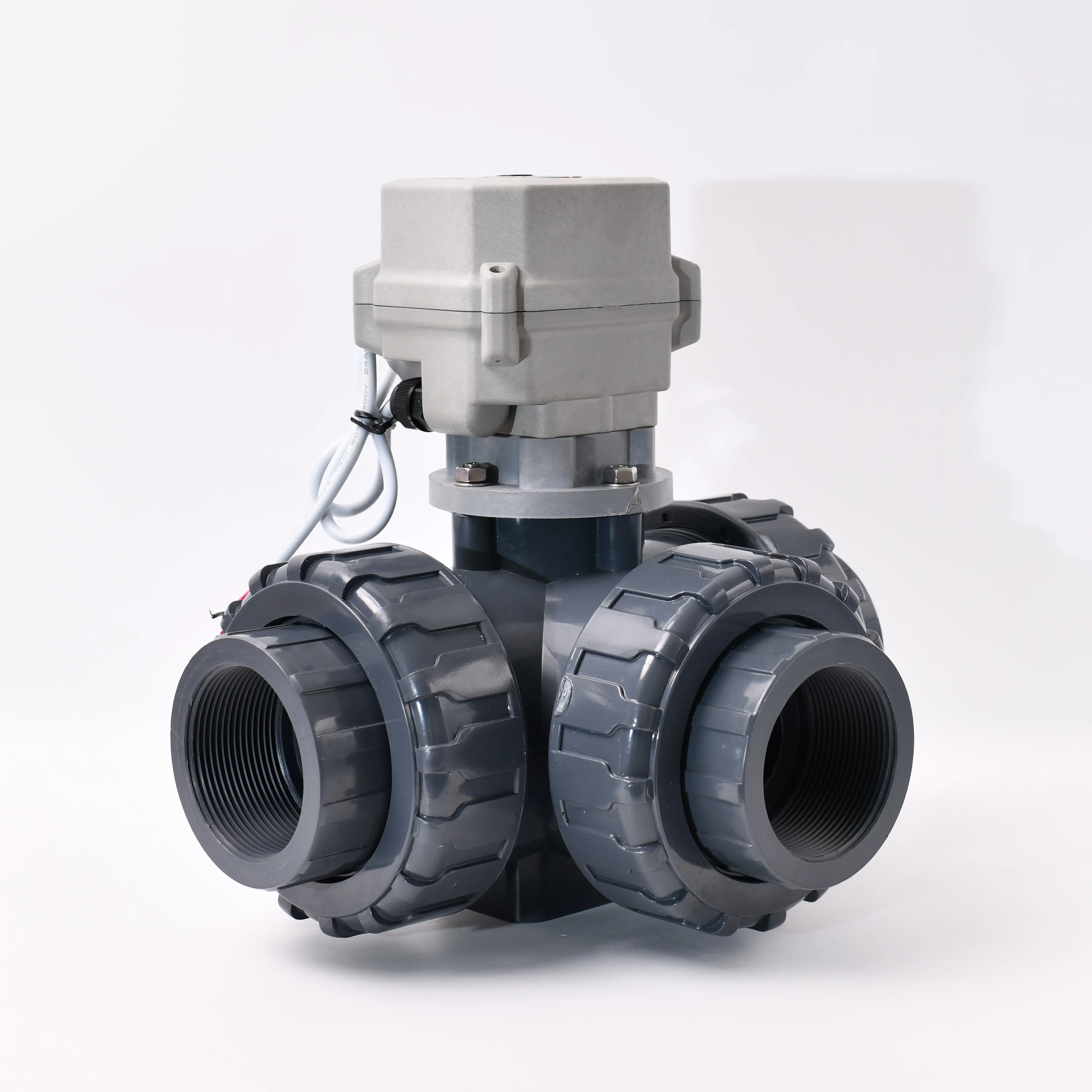 DC24V DN40/DN50 3-way double union UPVC electric ball valve