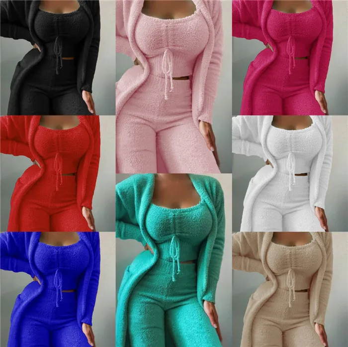 O0216-winter warm fuzzy loungewear sets for women tight sexy 3 piece suit designs