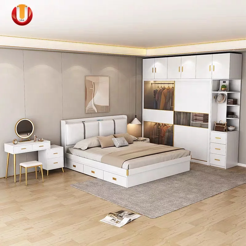 White Bedroom Furniture Modern Simple Decoration Accessories Leather top King Size Wooden Whole Bed Sets