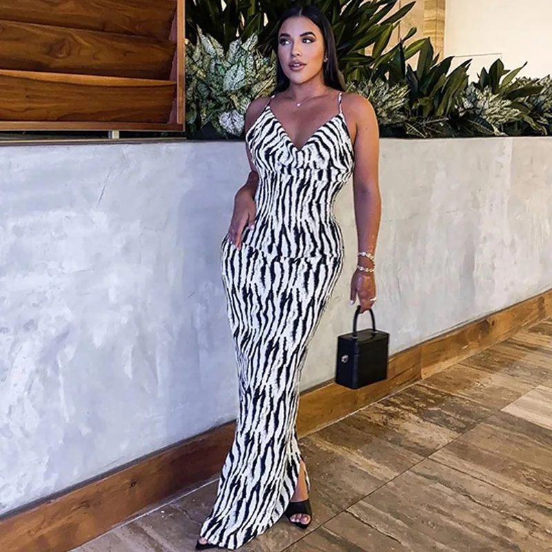 ZF QWDS52 Zebra Print Women Strap Backless Slit Bodycon Sexy Party Elegant Casual Clothing Evening Maxi Dress
