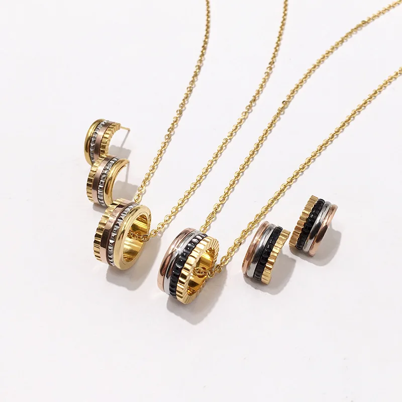 Ceramic rotating gear stainless steel  earring necklace set