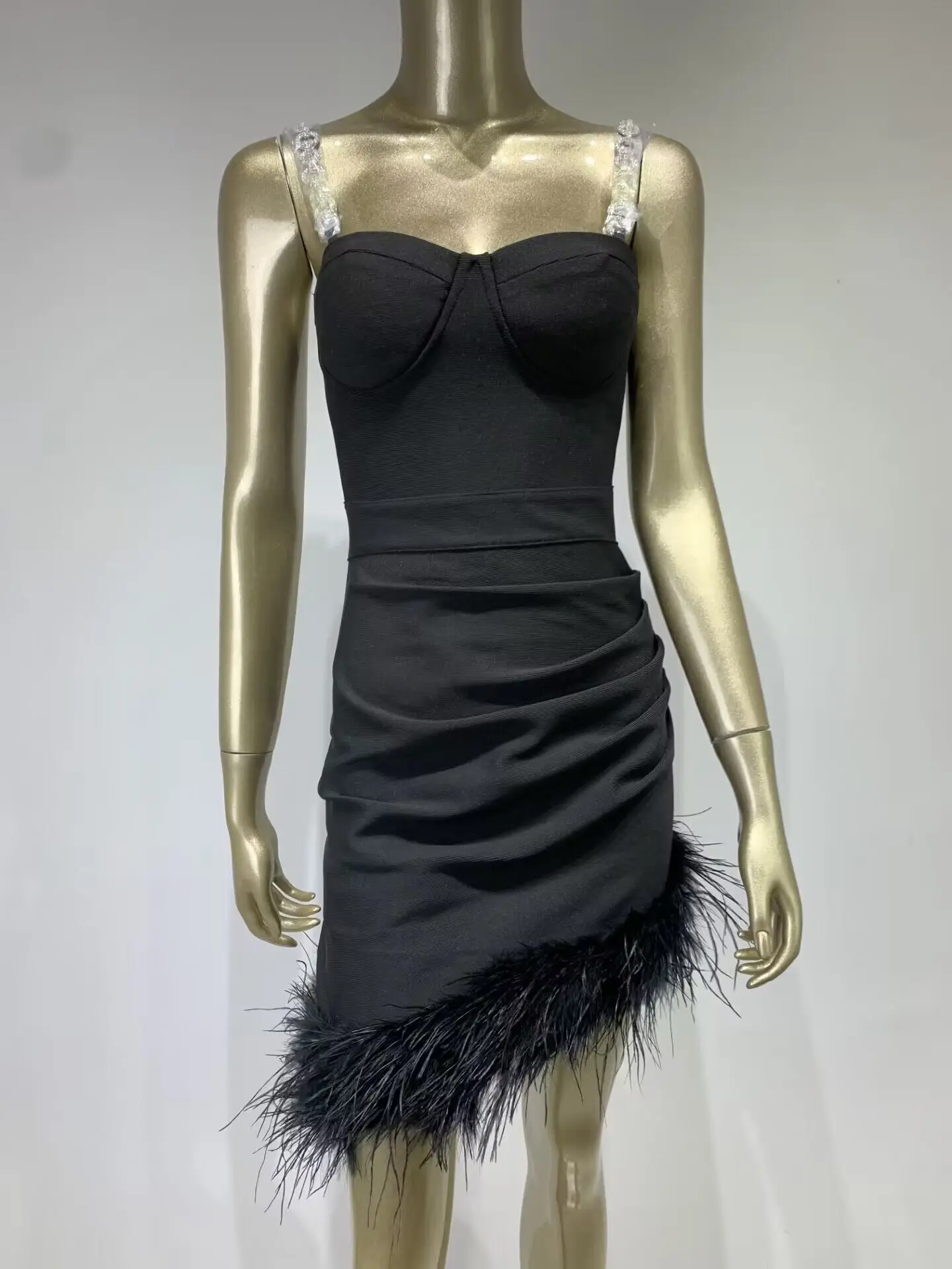 Hot Sale Bandage Skirt European American Fashion Long Tight-Fitting Pleated Feather Stitching Solid Print Mesh Dress