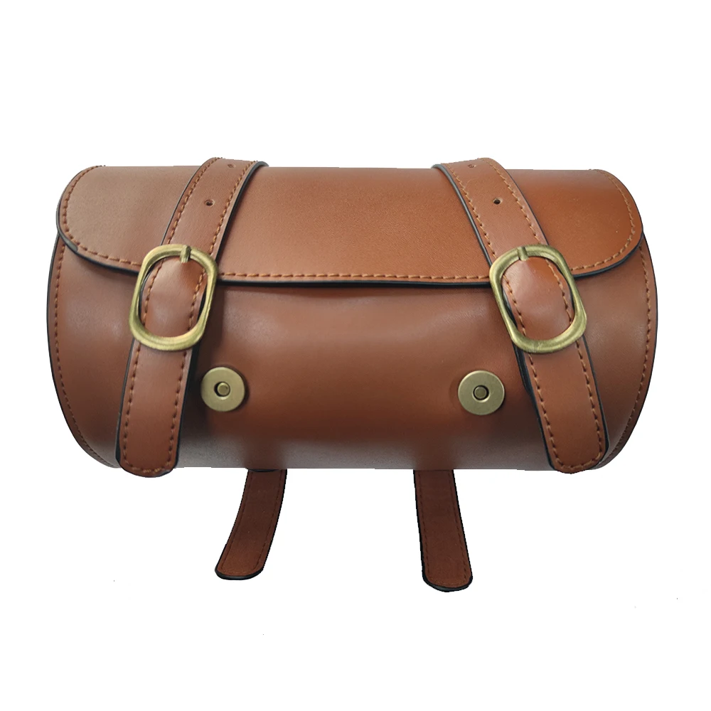 fashion custom brown round bucket rear pu leather bicycle front bag