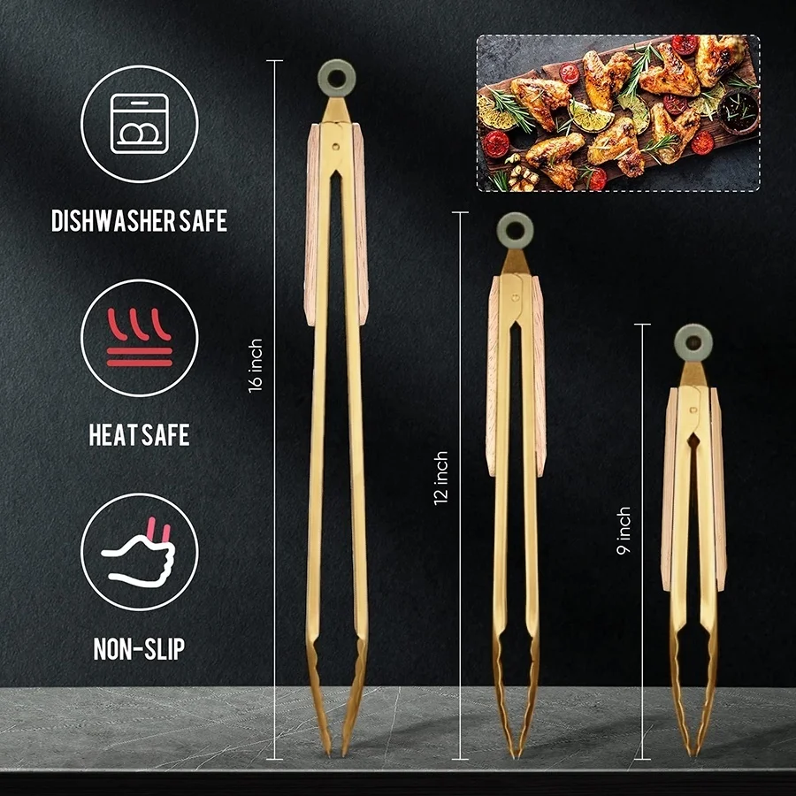 TOALLWIN Kitchen Gadgets Wood Handle Gold Stainless Steel Korean Bbq Tongs Silicone Food Tongs Salad Serving Clips Kitchen Tongs