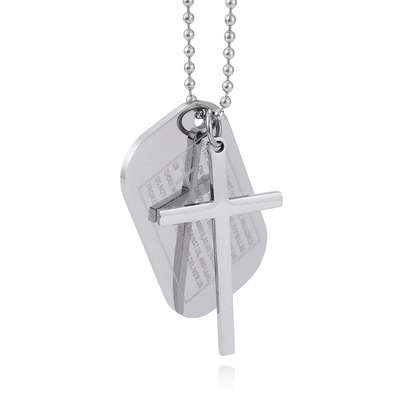 Mens Religious jewelry 316L Stainless Steel Rolo Chain Dog Tags Prayer Cross pendant Necklace For Men