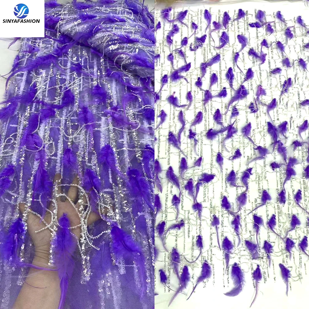 Sinya Gorgeous Sequins Beads Tassels African Tulle Embroidered Wedding Bridal Sewing Dress Luxury 3D Feather Lace Fabric