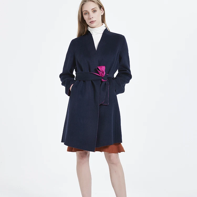 Double face women coat winter fashion cashmere woven coat with waist belt
