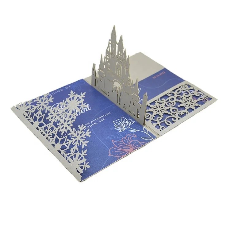 Pocket fold invitation envelope laser cut silver snowflake 3d pop up wedding card