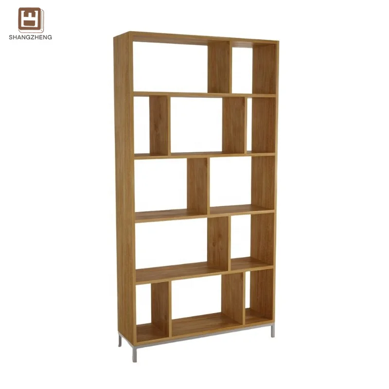 Modern Style Dark Wood Bookcase With Vertical And Horizontal Shelves Stable Metal Base