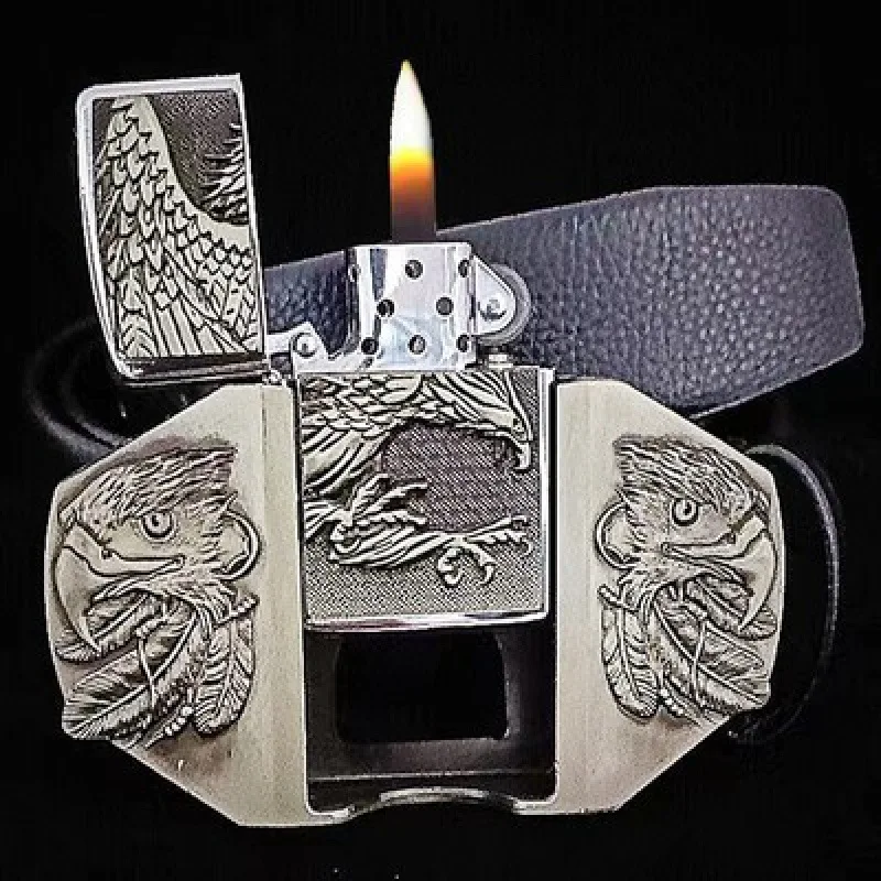 Wholesale Fashion Designer Belt Men Leather Zinc Alloy Double Dragon Western Fire Lighter Buckle Belt
