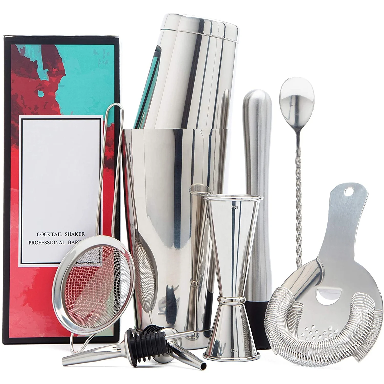 13 Piece High Quality Stainless Steel Bartender Kit weighted 800ml 500ml Cocktail Shaker Bar Set