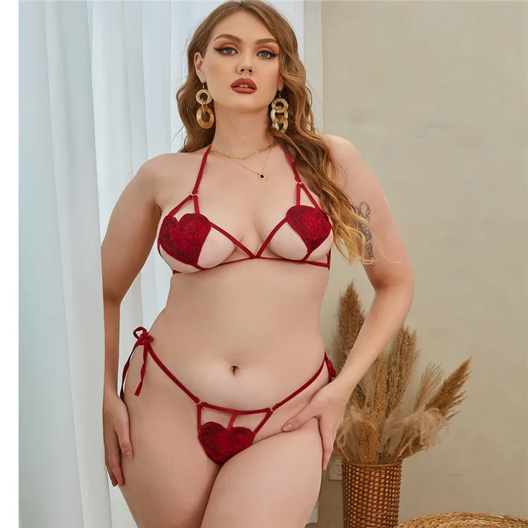 Sexy three-point knitted love plus size lingerie set sexy