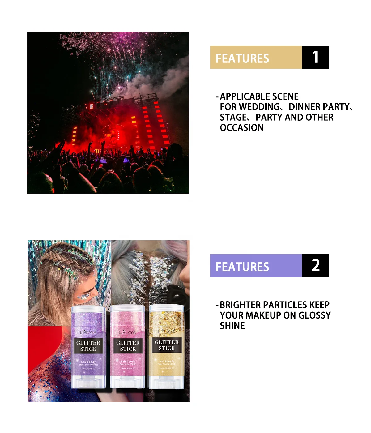 Pink Gold Purple  Glitter Stick Strong Hold Shining Beautiful Colorful  for Face Hair Body