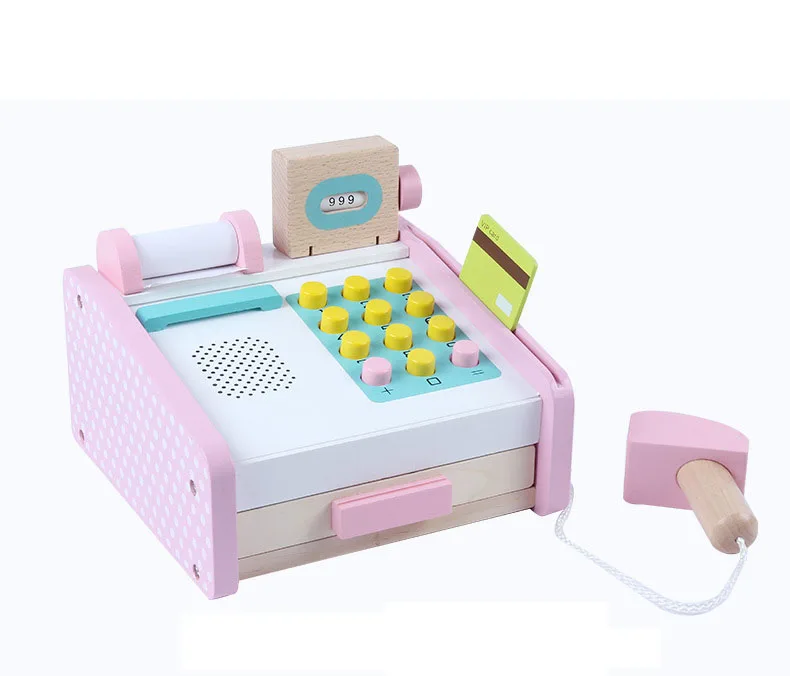 New hottest mini wooden cashier machine toy  pretend play supermarket cash register toy for children