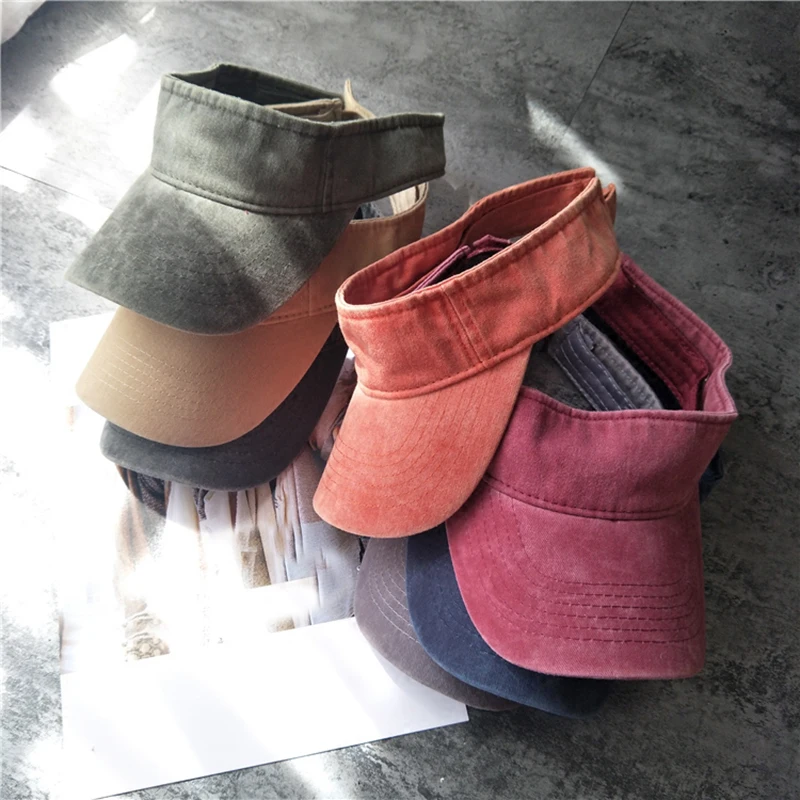 Wholesale Outdoor Adjustable Sun Visor Cap Golf Running Sports Women Custom Logo Wash Denim Sun Visor Hat