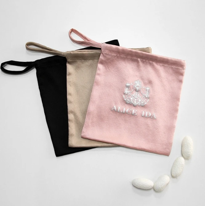 Custom printing gold satin jewelry bag Satin silk jewelry drawstring gift bag Satin cosmetics packaging pouch bag