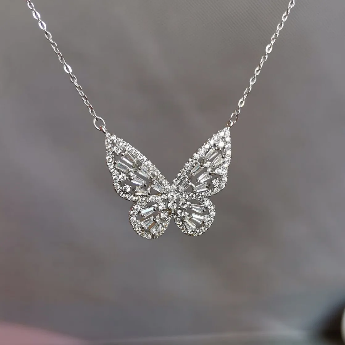 Wholesale women simple jewelry silver color cz butterfly necklace