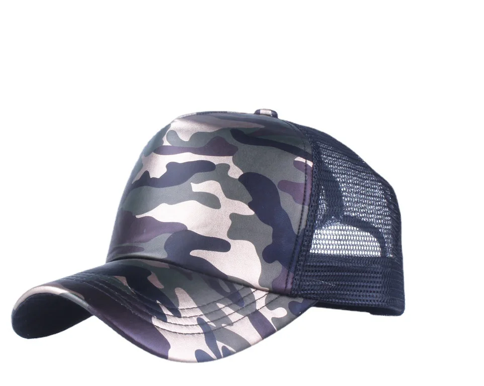 Custom Bulk Drop Shipping Leather Patch Duck Logo Orange Colors Mesh Grey 5 Panel Foam Trucker Camo Hat And Cap