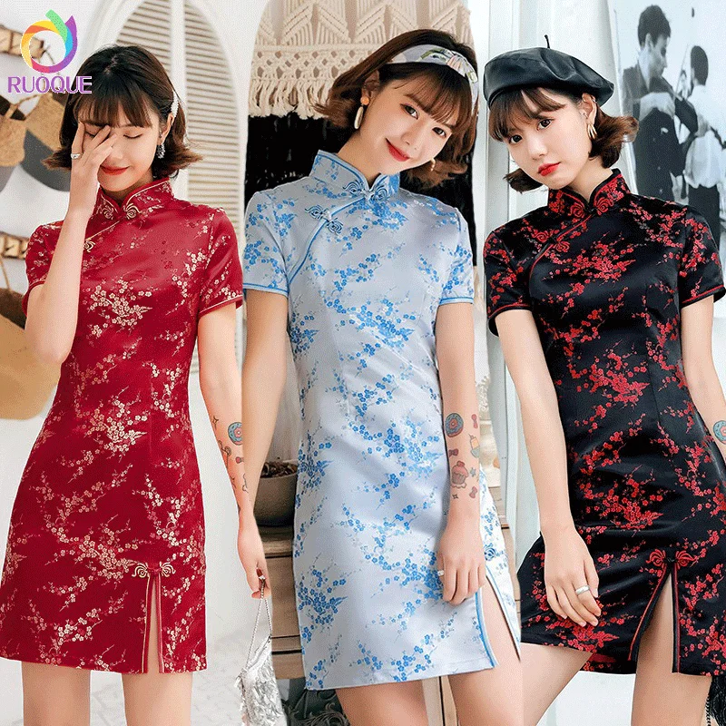 Цветочное Короткое атласное шелковое платье Ципао Cheongsam китайское оптом элегантное традиционное Qipao женское