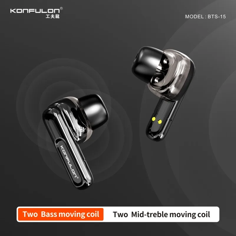 Konfulon TWS Dual Double Moving-coil Blue Tooth Earphones Deep Bass Touch Control Headphone True Wireless Stereo Earbuds headset